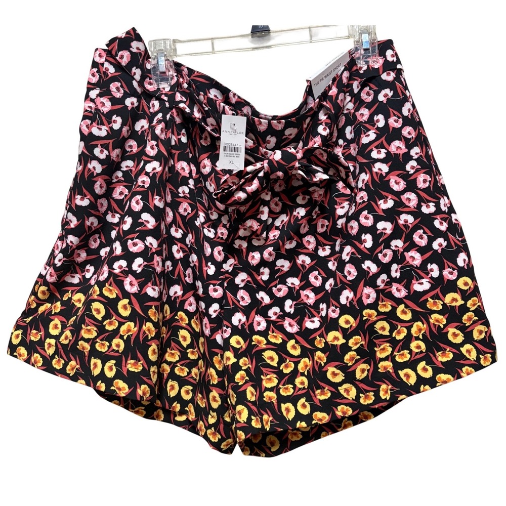 Ann Taylor Factory Floral Tie Waist Shorts High Rise Black Pink Yellow XL NEW